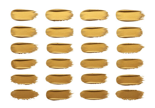 Twenty isolated, textured, metallic gold dry brush strokes arranged precisely in a 4x5 geometric grid on a transparent background, capturing hyperrealistic macro detail. Concept of high-end