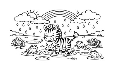 Fototapeta premium Cute cartoon zebra and frogs enjoying a rainy day with a rainbow overhead