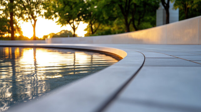 Australian War Memorial reflecting pool during a radiant sunset, warm golden light softly illuminating the modern concrete architecture, creating a peaceful and contemplative mood