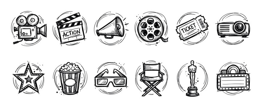 Set of cinema and filmmaking icons hand-drawn in a black and white sketch style, including a camera, clapperboard, popcorn, film reel, and award statuette for movie production