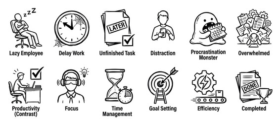 Fototapeta premium Set of hand-drawn icons illustrating procrastination and productivity concepts, contrasting laziness and distraction with focus, efficiency, and successful time management in a doodle style