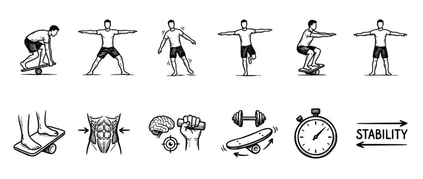 Hand-drawn sketch icon set illustrating balance and stability training with a person on a wobble board, core muscle diagram, and fitness equipment in a doodle style for workout concepts