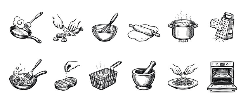 Twelve hand-drawn cooking process icons illustrating culinary steps like frying, chopping, whisking, baking, and boiling in a detailed black and white vintage sketch style illustration set