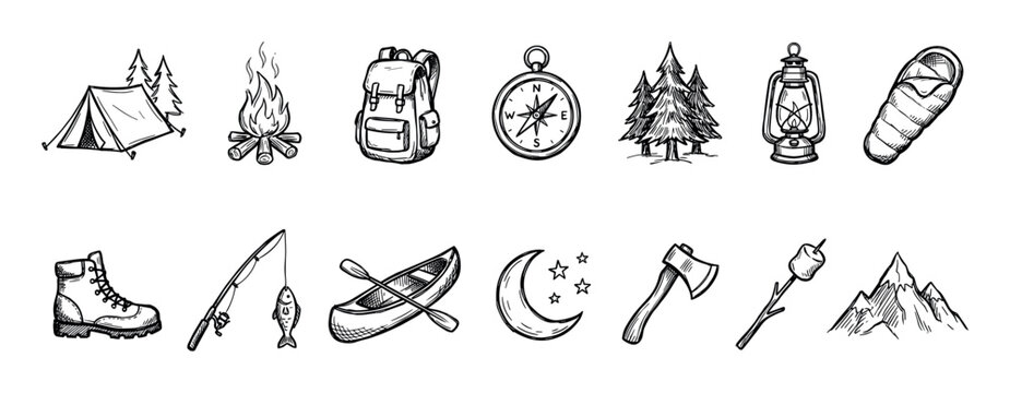 Hand-drawn camping and hiking equipment icons featuring a tent, campfire, compass, backpack, and canoe in a black and white sketch illustration style for adventure tourism