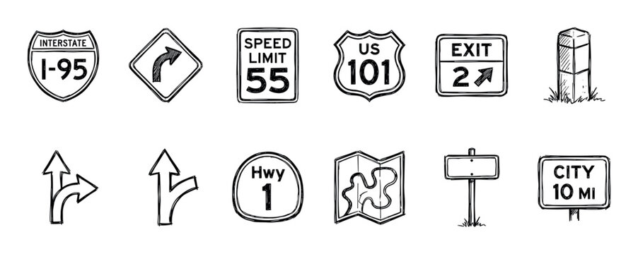 Collection of hand-drawn road signs and navigation symbols, including interstate, speed limit, exit, and direction arrows, presented in a doodle style