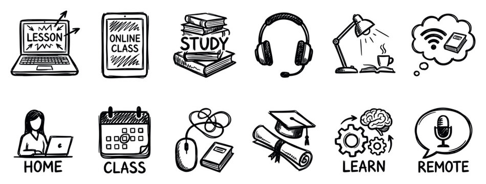 Hand-drawn set of black doodle icons for e-learning, online classes, and remote study, featuring a laptop, books, headset, and graduation cap illustrations for infographics