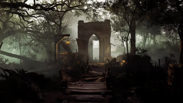 Ancient stone ruins stand silently in a foggy forest, surrounded by towering trees. A narrow path leads through the underbrush, illuminated by a faint lantern glow.