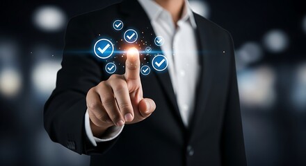 Obraz premium Businessman in black suit interacting with glowing blue checkmark white shirt finger glowing blue checkmarks
