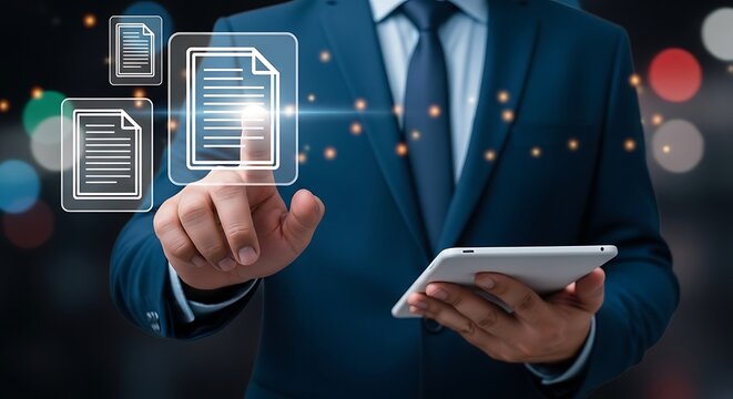 Businessman touching digital document on screen holding tablet touch screen