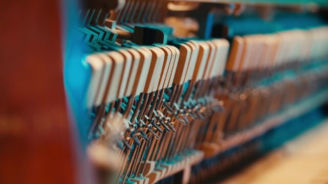 Man playing and tuning piano, Old vintage piano hammers with strings close up, 