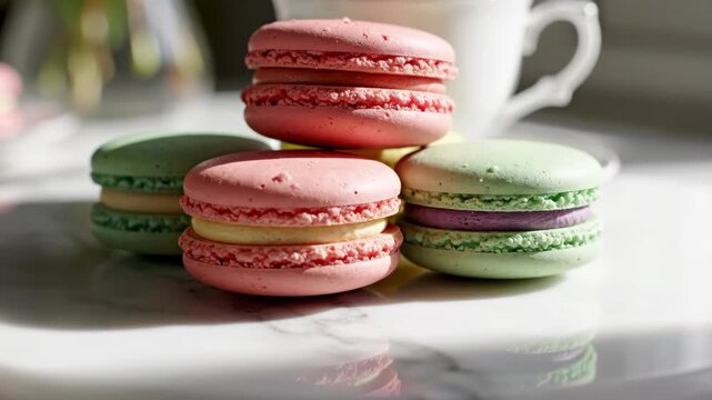Colorful macarons stacked on a white plate with a blurred background of a cup and soft lighting