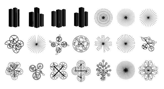 abstract geometric patterns and data visualization elements featuring gears radial lines and 3D bars for technology designs.