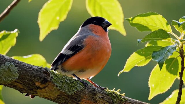 Bullfinch Bird Perched on Mossy Branch with Green Leaves