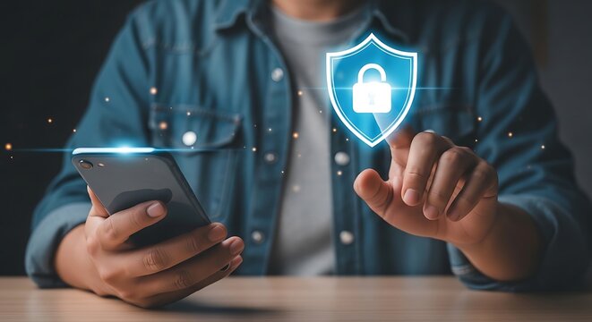 Man holding smartphone with glowing blue shield and lock hovering above hand