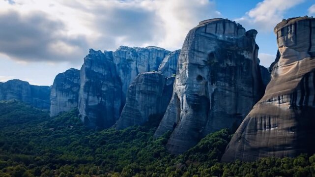 Meteora Rock Formation In Thessaly, Greece. Majestic Rock Formations Covered in Lush Greenery Under a Cloudy Sky