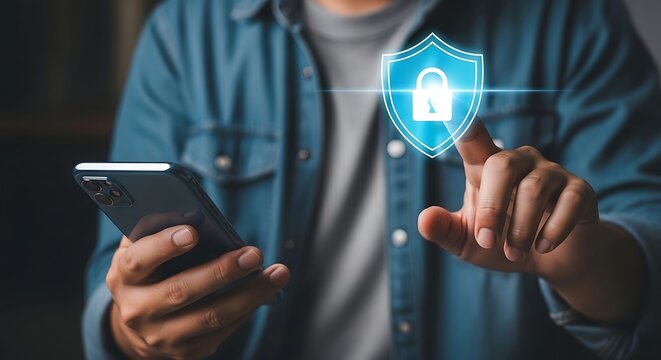 Man holding smartphone with security shield and lock hovering above finger mobile