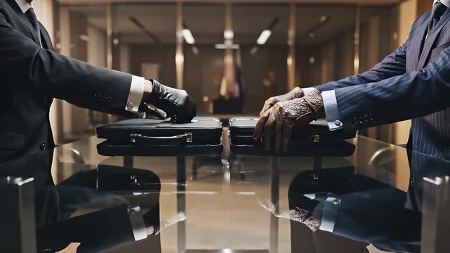 Cinematic mid-shot of two men with briefcases preparing for a deal in a modern boardroom.