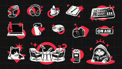 Fototapeta na wymiar Trendy halftone collage collection with podcast and streaming items. Vector icons of microphone, camera, cat, headset and electronic gadgets for content creator. Digital media design element.