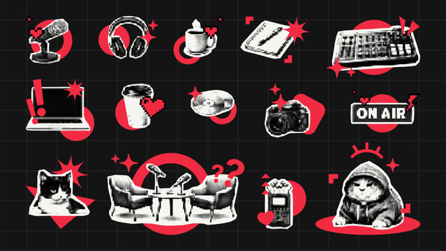 Trendy halftone collage collection with podcast and streaming items. Vector icons of microphone, camera, cat, headset and electronic gadgets for content creator. Digital media design element.