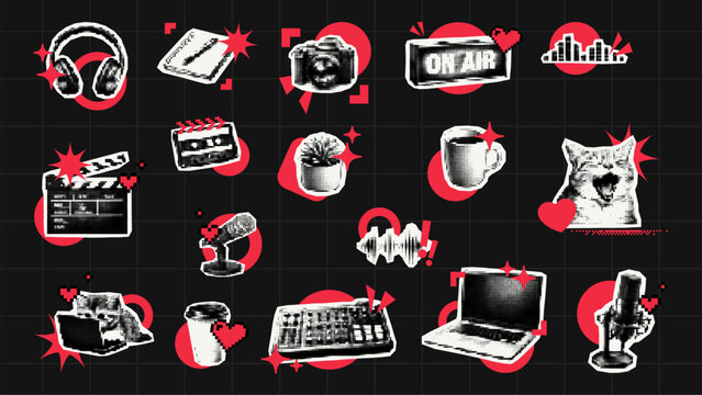 Set of trendy halftone collage sticker elements for content creator. Vector icons of camera, microphone, laptop and cat for social media marketing and digital creative design project.
