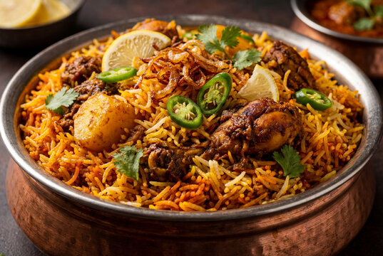 Traditional chicken biryani made with aromatic basmati rice, tender chicken, golden potatoes, fresh herbs, and crispy fried onions. A rich South Asian dish known for its bold spices.