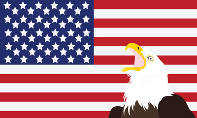 Vector illustration of a bald eagle with the United States flag background. USA background.