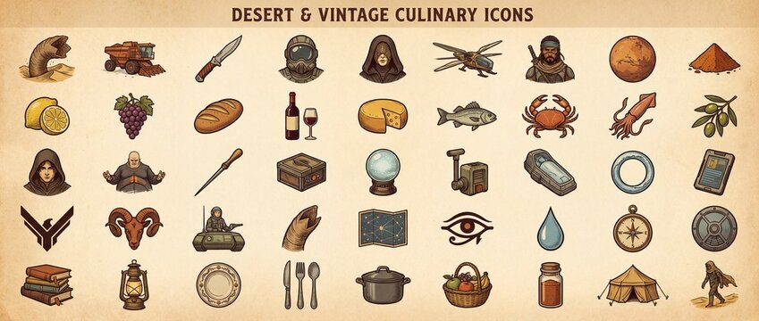 Various icons showing desert and vintage culinary themes with different objects and symbols on a light background