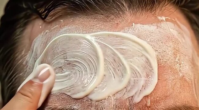Finger applying cream to forehead