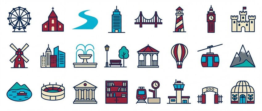 Icons representing travel, landmarks, and city features from various locations around the world displayed in a structured grid layout