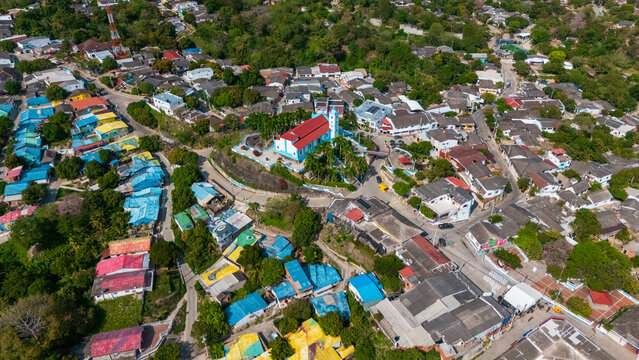 Aerial View of the Church of Usiacur&iacute; on Hilltop Surrounded by Colorful Town &ndash; Atl&aacute;ntico, Colombia