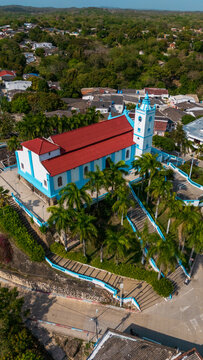 Aerial View of the Church of Usiacur&iacute; on Hilltop Surrounded by Colorful Town &ndash; Atl&aacute;ntico, Colombia
