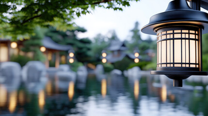 Traditional Japanese garden stone lantern resting peacefully on water with green leaves and water drops, reflecting a serene and tranquil natural landscape creating a zen atmosphere. Copy space