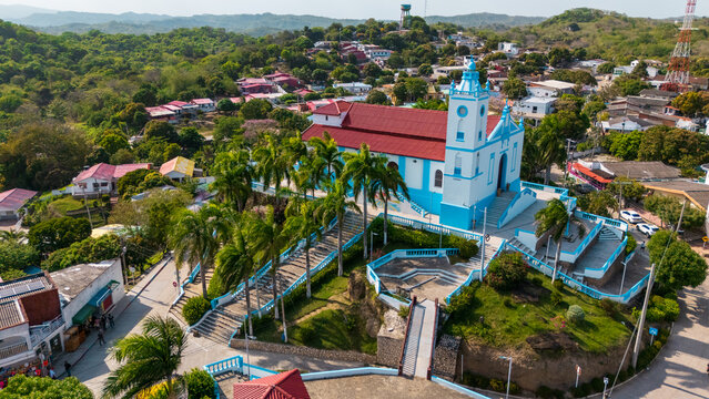 Aerial View of the Church of Usiacur&iacute; on Hilltop Surrounded by Colorful Town &ndash; Atl&aacute;ntico, Colombia