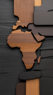 Africa continent wood map emphasizing unity and cultural heritage, representing Africa Day with diverse wooden textures forming a mosaic on a dark background. Africa Day