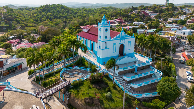 Aerial View of the Church of Usiacur&iacute; on Hilltop Surrounded by Colorful Town &ndash; Atl&aacute;ntico, Colombia