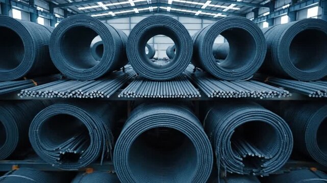 Large coils of steel pipes stacked in an industrial warehouse setting.