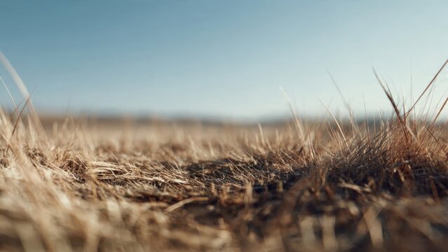 Textured Field of Golden Dry Grass Under Clear Blue Sky