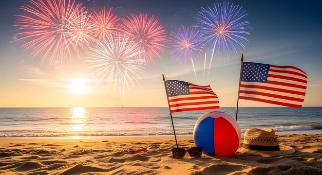 Patriotic beach scene with American flags, beach ball, and straw hat at sunset with colorful fireworks exploding in the sky, ideal for Independence Day celebrations and marketing materials