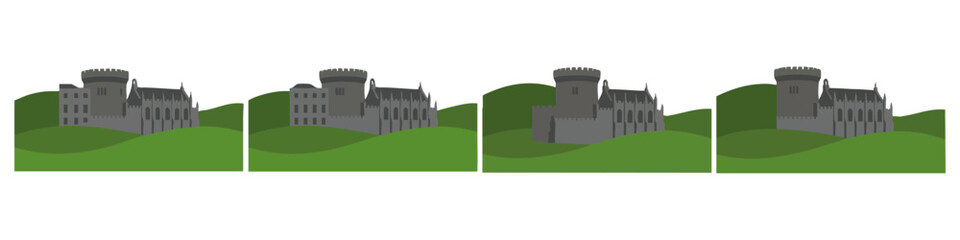 Fototapeta premium DUBLIN CASTLE - Grey stone fortress silhouette on green hills Flat Vector Illustration on Transparent Background