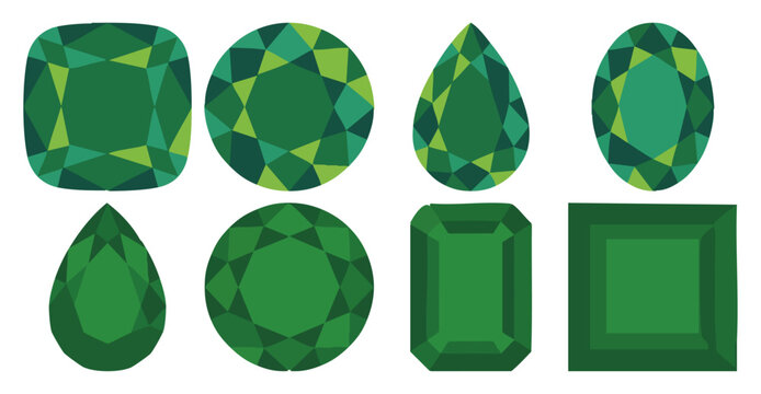 EMERALD GEM - Sparkling green jewel with a faceted surface  Flat Vector Illustration on Transparent Background