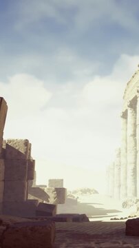 Ruins stand silently as the sun rises, casting a warm glow on the stones. Dust dances in the early light, creating an enchanting atmosphere in this historic setting.