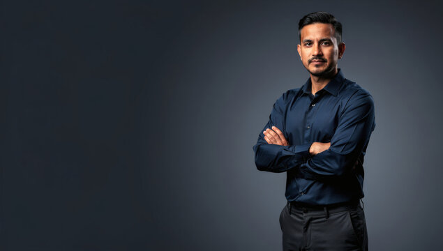 Serious Confident Latino Man in Dark Navy Shirt With Arms Crossed Looking at Camera on Dark Blue Studio Background With Copy Space