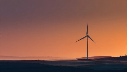Obraz premium Wind Turbine Silhouette at Sunset in Serene Rural Landscape
