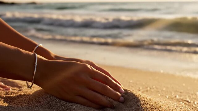 Hands pouring golden sand on beach at sunset