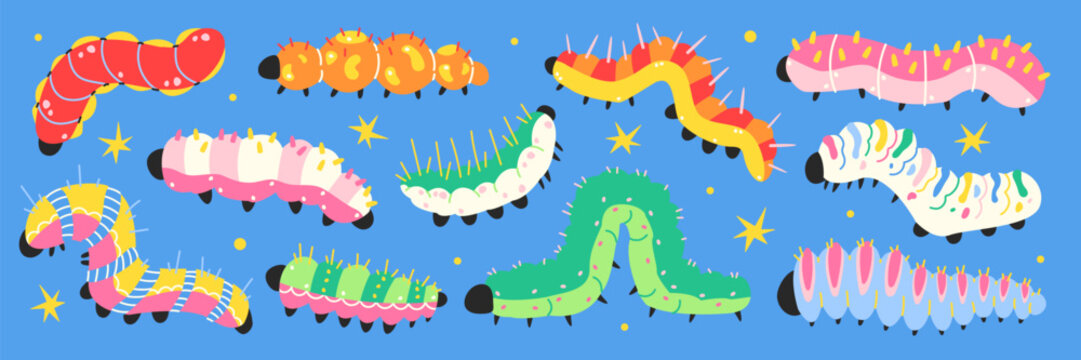 Colorful cute caterpillar set in cartoon style. Funny whimsical larvae with bright patterns. Playful vector illustration perfect for stickers, kids design and nursery decor.
