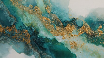 Naklejka premium Abstract teal and gold fluid painting with marbled texture