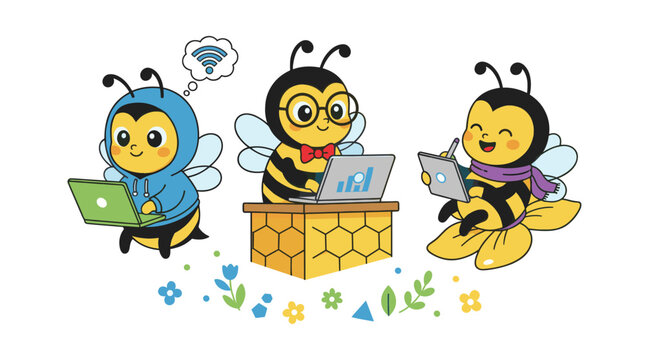 Cartoon bees collaborating on tasks using various digital devices. One bee is working on a honeycomb desk, others working wirelessly