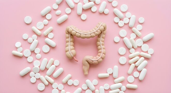 Human Large Intestine Model with Pills on Pink Background