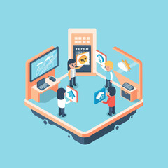 People interacting with technology in a futuristic virtual reality room.