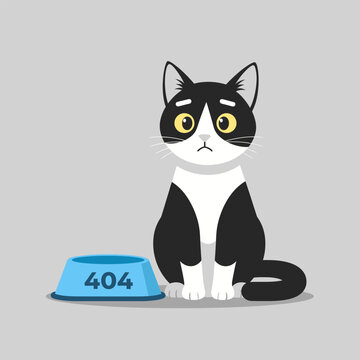 Sad Cartoon Cat with Empty 404 Error Food Bowl Illustration
